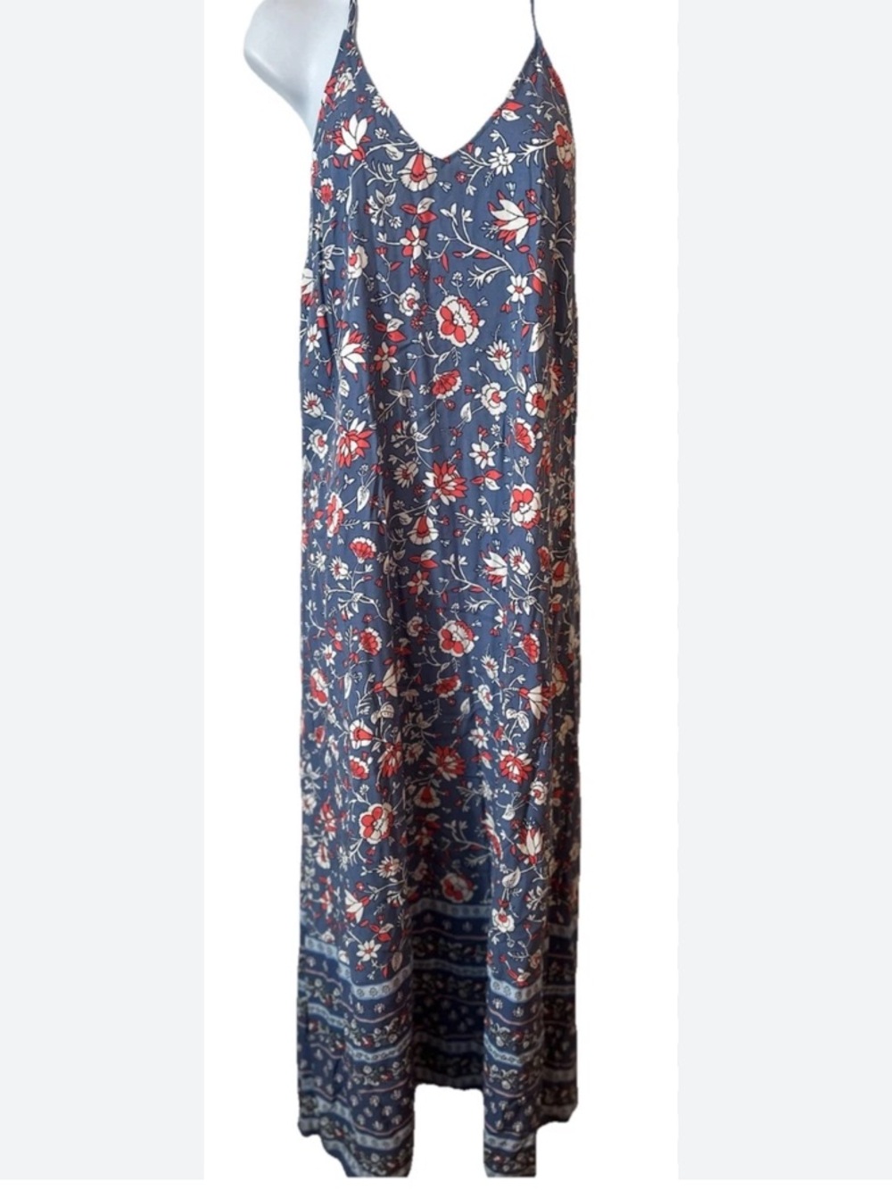 Old Navy Blue Floral Slip Maxi Dress with Red and White Blooms